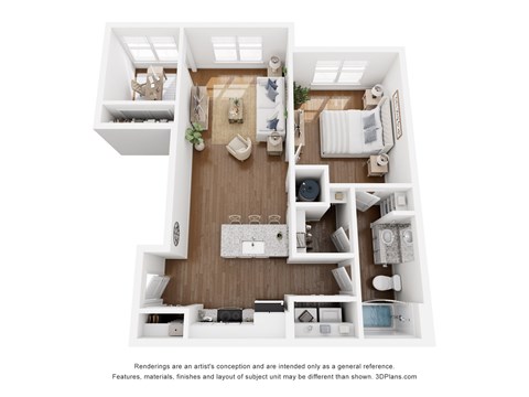 A 3D floor plan of a small apartment with a kitchen, living room, and bedroom.